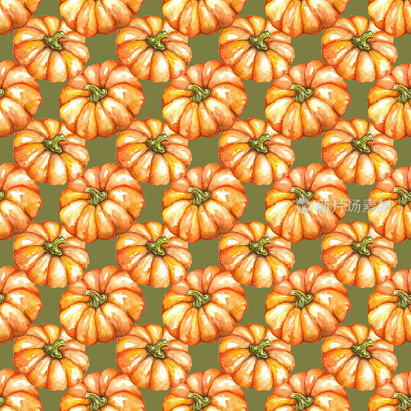 Watercolor orange pumpkin vegetable Jack-o-lantern Halloween seamless pattern texture background